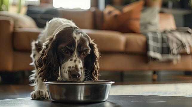 Domestic spaniel dog patiently waiting by its food bowl indoors