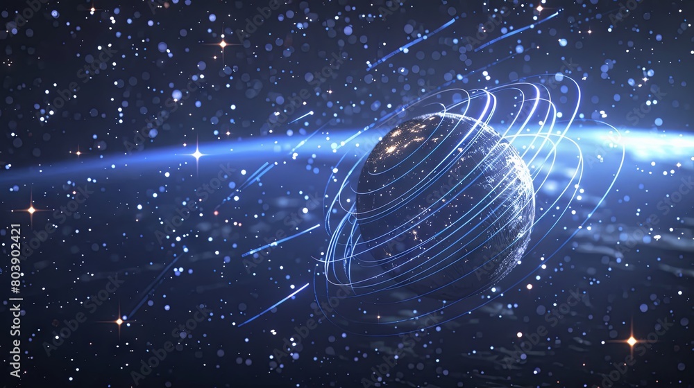 Poster abstract cosmic background with glowing planet and orbit lines