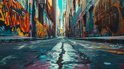 Colorful urban alley with vibrant street art and graffiti