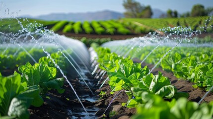 Sustainable agriculture: irrigation system in a lush green field - Powered by Adobe