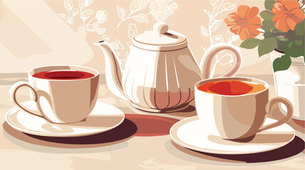 Cups of tasty tea and pot on table in cafe style