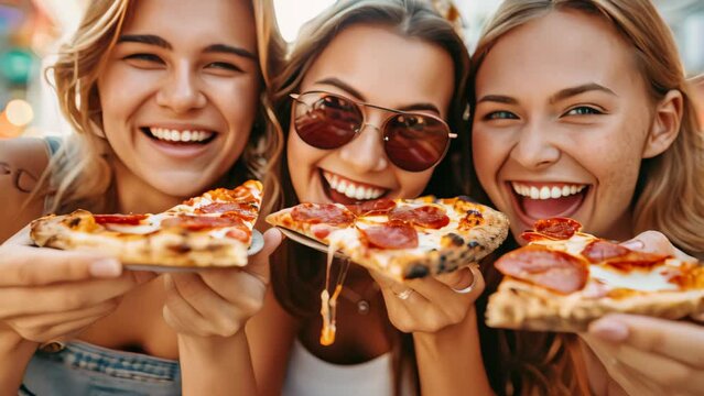 Happy young group female friends enjoying and eating pizza on city street.
