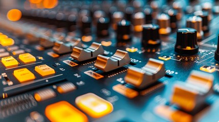 Professional sound mixing console close-up in studio
