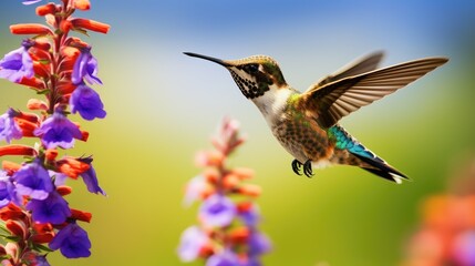 Fototapeta premium Hummingbird hovering near colorful flowers