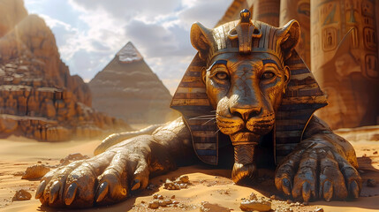 Mythical Sphinx Guardian Watching Over Treasure-Filled Desert Ruins in 3D