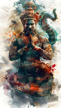 Mythical Serpent Nagaraja Bestowing Wisdom and Enlightenment Upon Spiritual Seekers in Cinematic Watercolor