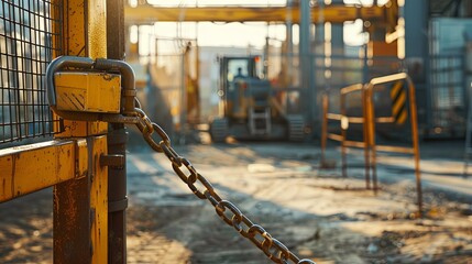 Golden hour at the industrial site with heavy machinery and chain gate