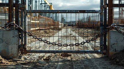 Locked metal gate on a construction site pathway - obrazy, fototapety, plakaty