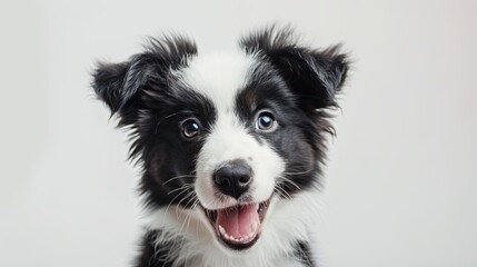 Close-up portrait of an adorable black and white puppy with bright eyes