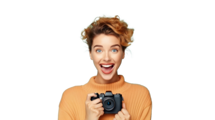 Excited woman holding camera on transparent backdrop
