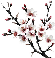 Cherry blossom branch with several soft, detailed flowers.