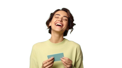 Joyful woman laughing, holding a credit card, on a transparent backdrop