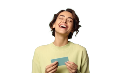 Joyful woman laughing, holding a credit card, on a transparent backdrop