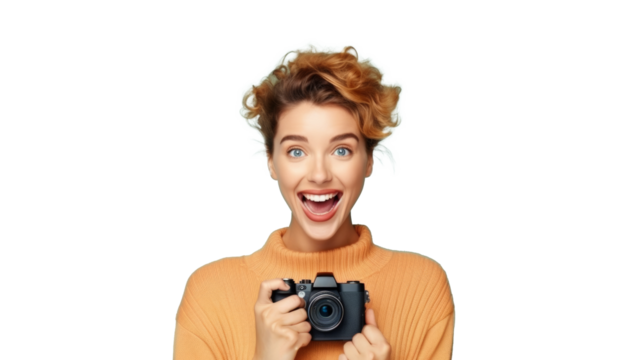 Excited woman holding camera on transparent backdrop