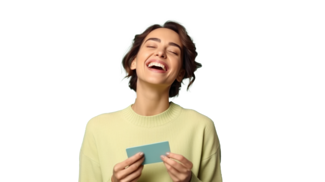 Joyful woman laughing, holding a credit card, on a transparent backdrop