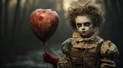 Creepy clown with bloody heart-shaped balloon