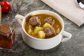 Soup with beef meatball and vegetables