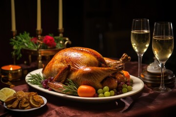 Delicious roasted turkey dinner with champagne