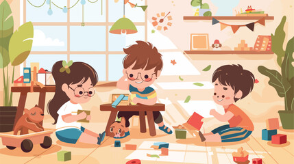 Cute little children playing at home style vector