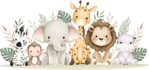 Watercolor Illustration Safari Animals and Tropical Leaves