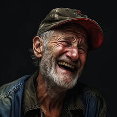 Joyful elderly man with beard and cap