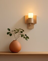 cozy interior with wooden wall sconce and potted plant