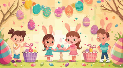 Cute little children with Easter eggs near decorated