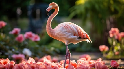 Obraz premium Vibrant flamingo standing among pink flowers