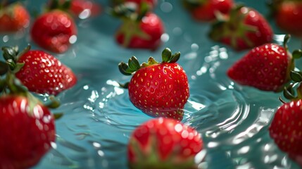 Fresh strawberries splashing into clear water, creating a vibrant red swirl.
