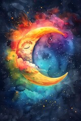 Serene Crescent Moon Resting Beside a Vibrant Rainbow in the Cosmic Dreamscape