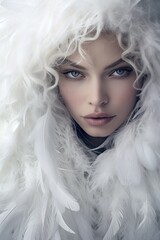 Elegant woman in white feathered coat