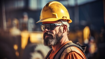 Happy civil engineer in safety gear on construction site with heavy machinery, holding tablet