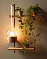 Cozy indoor plant display with hanging shelves and lighting