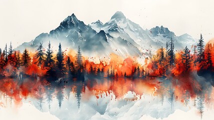 Mountain Fusion: Double Exposure, Detailed Watercolor Splashes, White Background, Captivating Landscape Blend