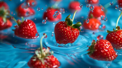 Fresh strawberries splashing into clear water, creating a vibrant red swirl.