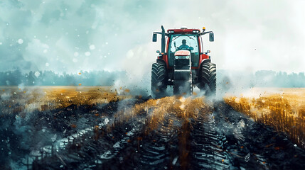 Tractor Plowing Through Misty Autumn Farmland in Precision Cultivation for Optimal Soil Health and Crop Yields