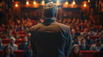 Obraz premium Vote, US presidential election campaign concept. Capturing a crucial election day speech, politician turned to the audience, symbolizing leadership and hope