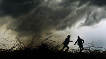 Two individuals against a chaotic, stormy background, one shying away from a blinding light and the other shielding from an aggressive wind.