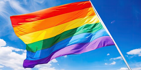 Vibrant rainbow flag waving against blue sky