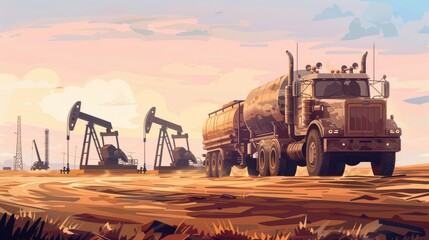 A tanker truck stands before oil derricks in a vast desert under a pastel sky