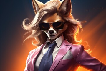 stylish fox in pink suit and sunglasses