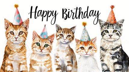 realistic  high quality photo of a group of kitten cat wearing party hats with happy birthday letter  background, wallpaper