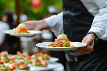 Waiter serving fish dish at wedding reception or festive event in upscale restaurant