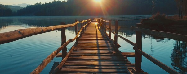 View of the wooden bridge on the lake at sunrise in the morning
