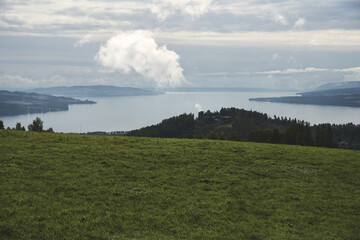 View towards the Hovdetoppen Hill and Lake Mjosa by the town of Gjovik.