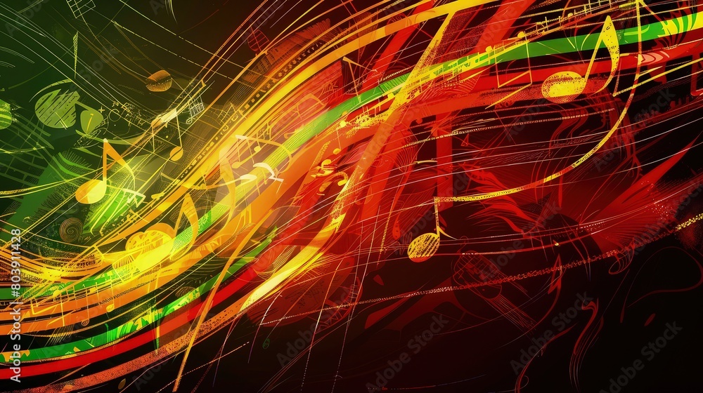 Poster neon-colored musical notes arranged in a harmonious pattern against a backdrop of glowing neon light