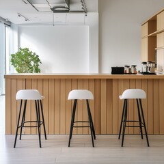 dining room,a white coffee shop interior, with an inviting bar counter a glossy wood grain polished stage.