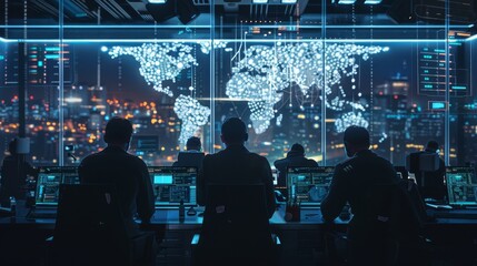 Operators in a mission control room analyzing global network traffic and patterns