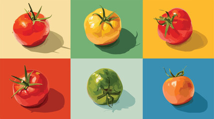 Different fresh tomatoes on color background style