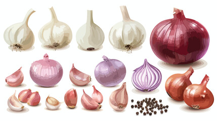 Different kinds of onion with garlic and peppercorns